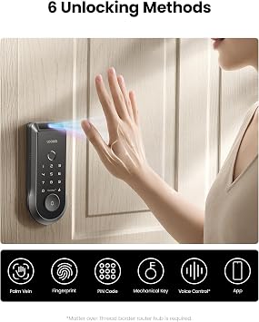 Lockin Veno Smart Deadbolt Lock with Dual Swappable Batteries for 14-Month Extended Power, Palm Vein & Fingerprint Keyless Entry, Built-in Wi-Fi, Doorbell, App Remote Control, IP65 Waterproof
