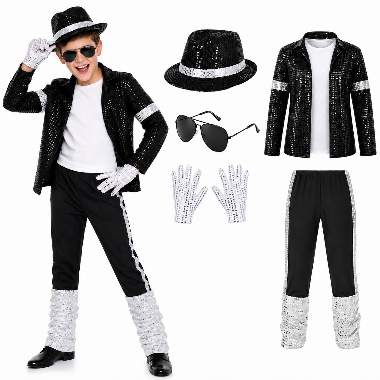 Dacnod 5 Pcs Pop Star Costume Kids Jacket Pants Hat Glasses Set Cosplay — image 1
