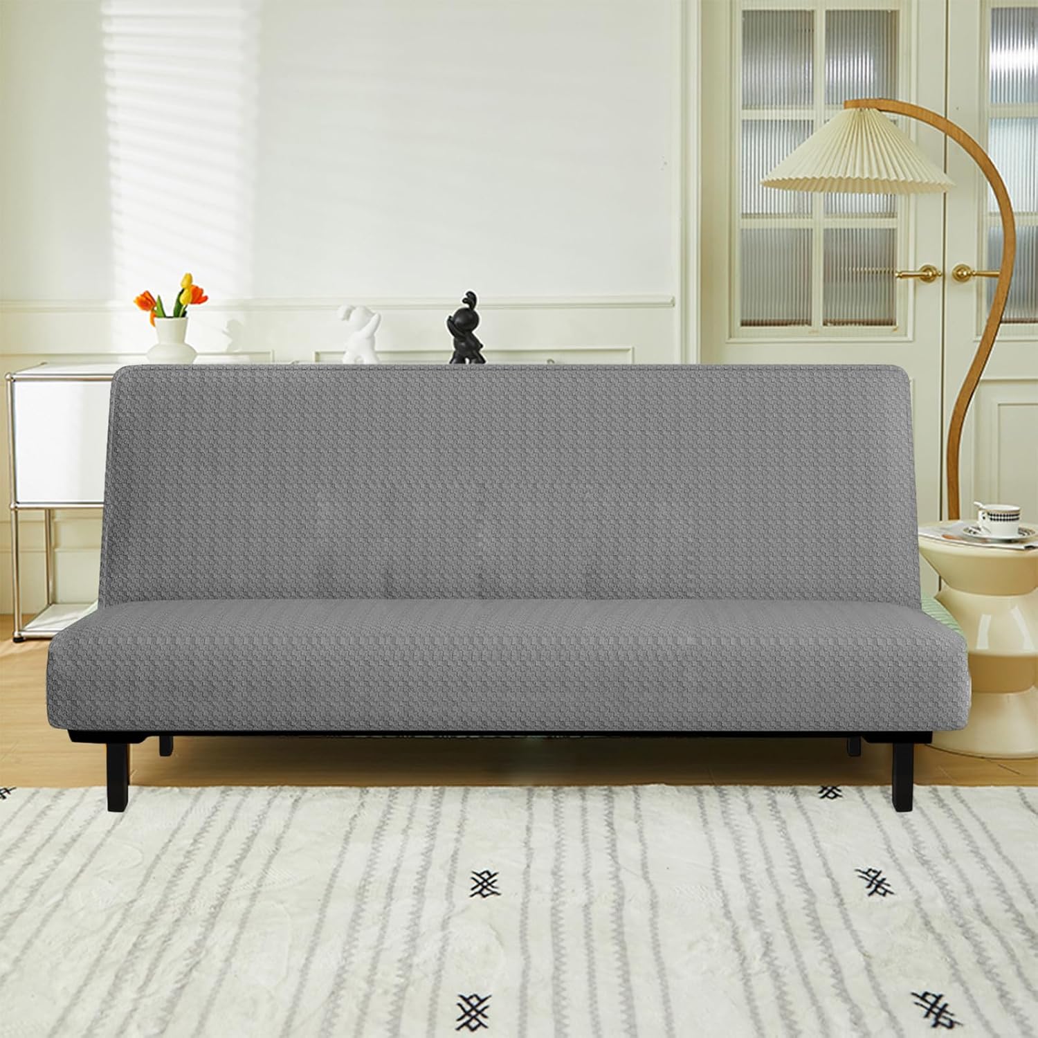 Armless Futon Cover High Stretch Jacquard Armless Couch Cover with Elastic Bottom Dust-Proof Sofa Slipcover for Living Room Kids Pets, Light Grey