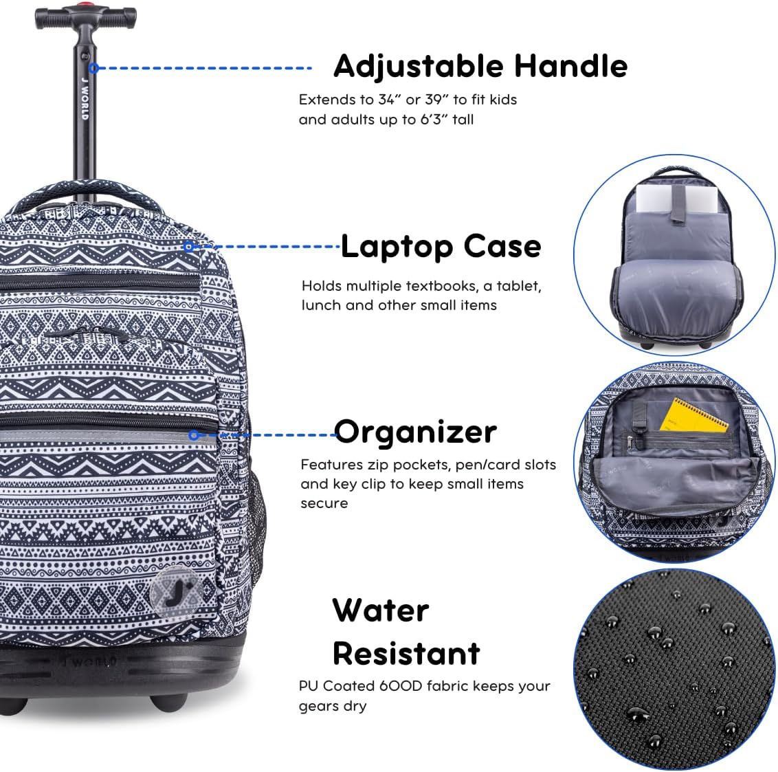 J World New York Sundance Rolling Backpack Girl Boy Roller Bookbag, Tribal, One Size - Image 5