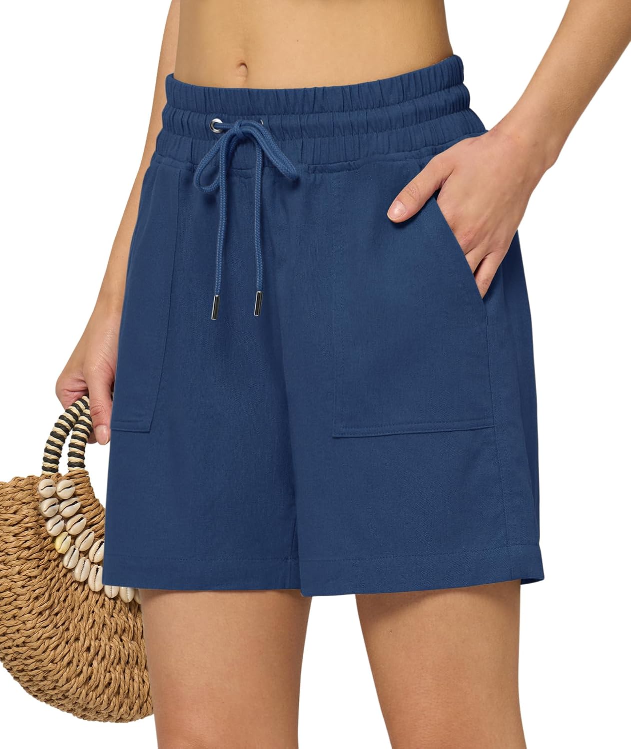 Women's Lyocell Linen Shorts with Pockets Drawstrings Wide Leg Summer Casual Beach Shorts 5/10 Inch