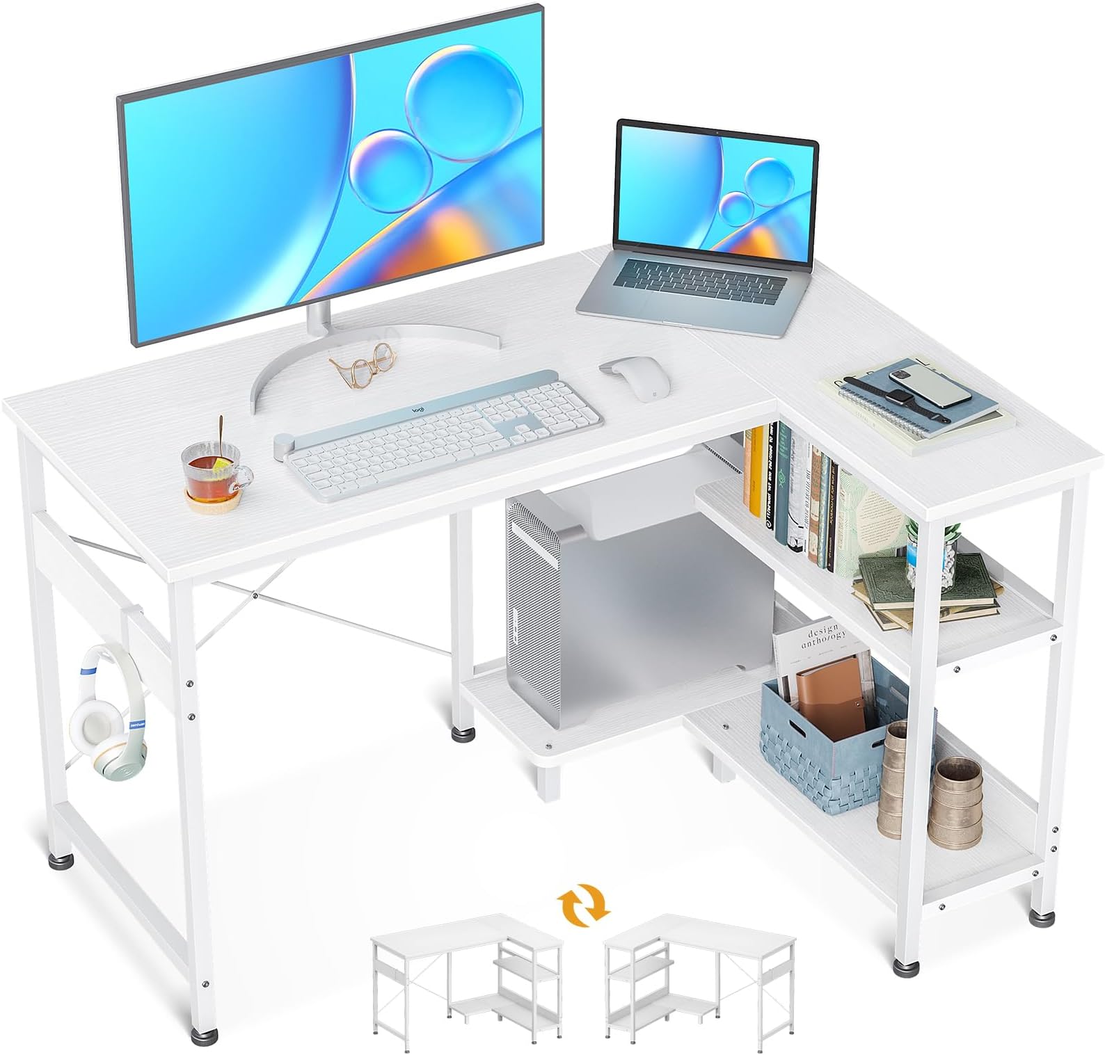 ODK 40 Inch Small L Shaped Computer Desk with Reversible Storage Shelves, L-Shaped Corner Desk with Monitor Stand for Small Space, Modern Simple Writing Table for Home Office Workstation, White