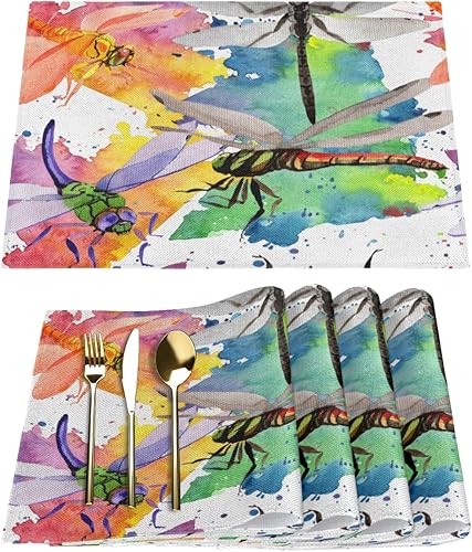 Juego de 6 manteles individuales cuadrados de tela con diseño de libélula pintada para mesa de cocina, resistentes al calor, fáciles de limpiar, 12