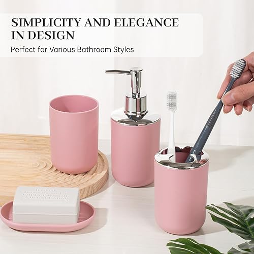 Miniatura 5 de Juego de accesorios de baño, 4 piezas de plástico incluyen dispensador de jabón, jabonera, soporte para cepillo de dientes, vaso para enjuague