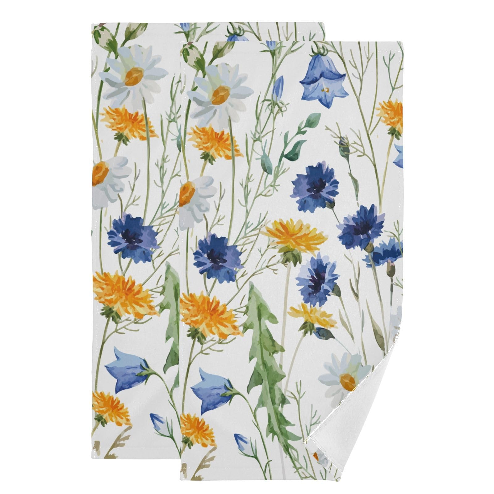 HUAZHIKOU Vintage Blue Yellow Daisy Floral Hand Towels for Bathroom Set of 2 Microfiber Spring White Cornflower Nature Kitchen Dish Towels Decorative
