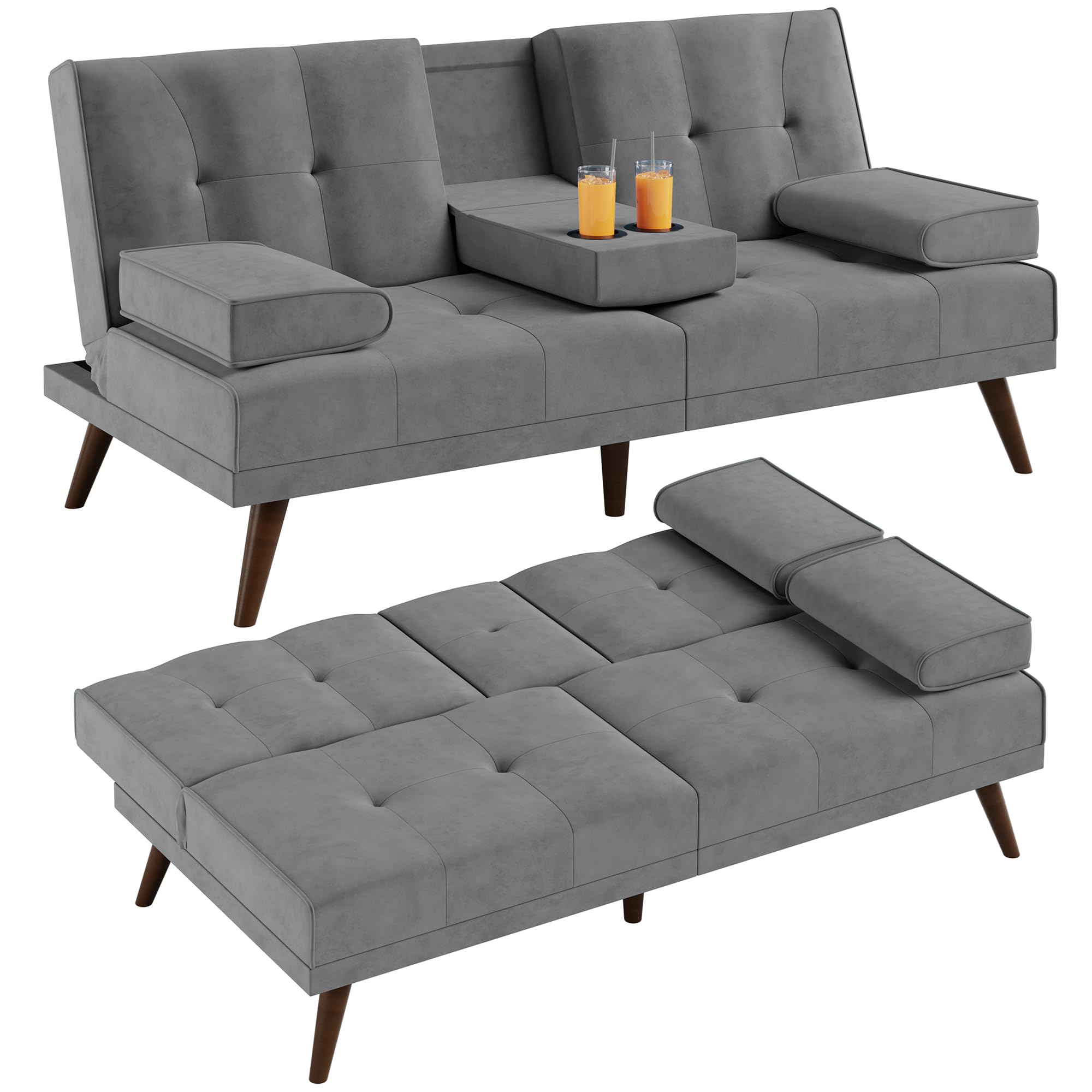 Shintenchi 60" Small Loveseat, 3 in 1 Cute Convertible Sofa Bed, Modern Futon Recliner Sleeper w/2 Cup Holder, Upholstered Folding Couch for Small Space, Light Gray