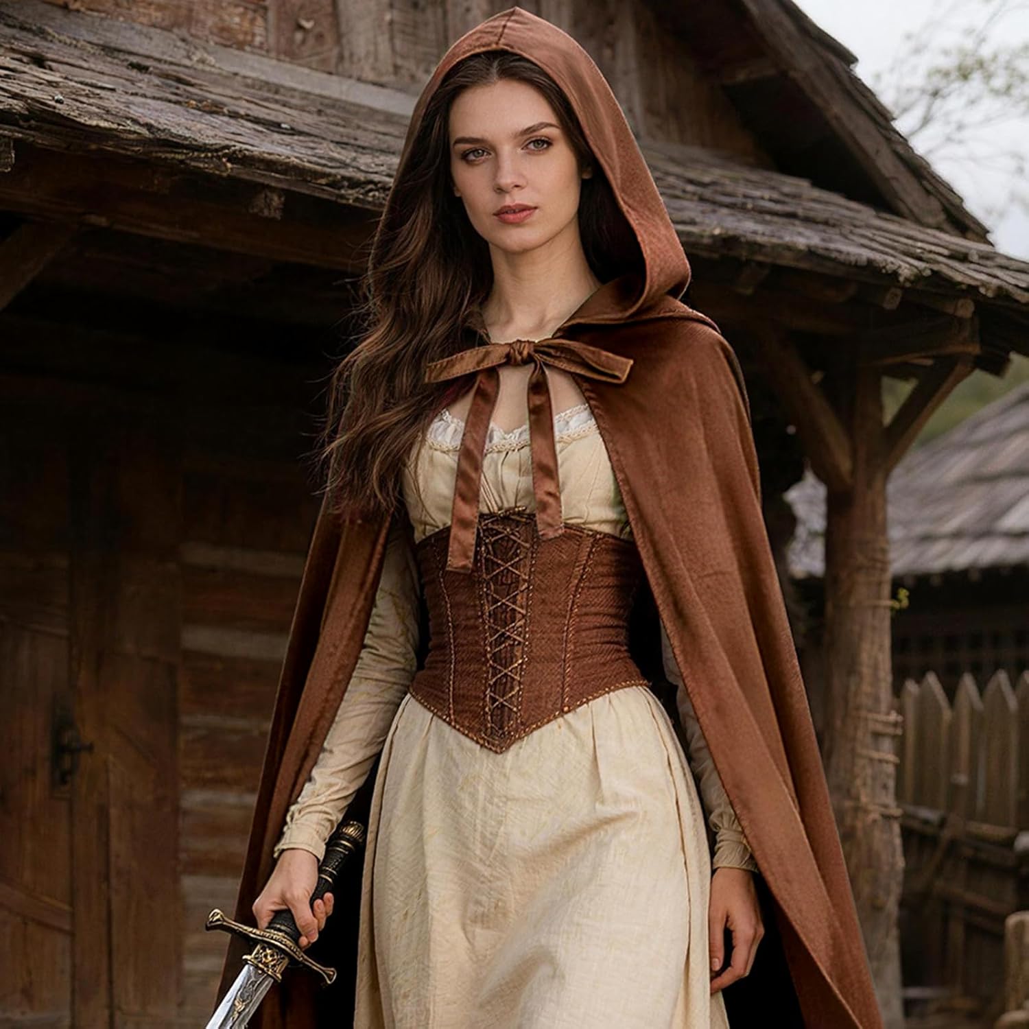 Medieval Velvet Hooded Cloak, Renaissance Cape with Hood Halloween Cosplay Costume Women Men