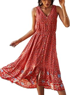 TEMOFON Women Dress Summer Sleeveless Floral Bohemian V Neck Button Down Flowy Dresses S-XL