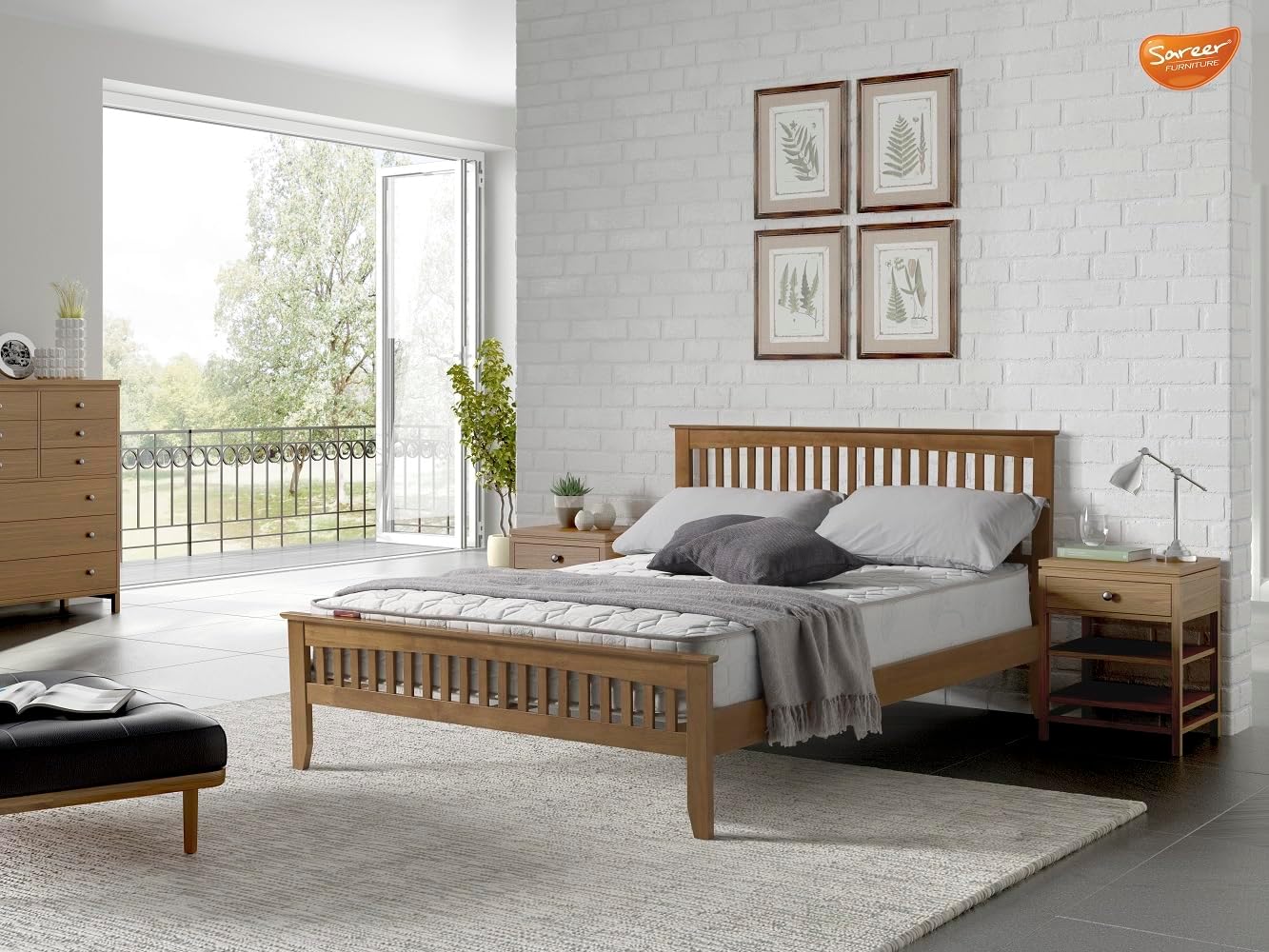 – Sareer Furniture Sandhurst Solid Wood Bed Frame Slatted Headboard Modern Classic Style Easy to Assemble and Durable Double Oak 4ft6