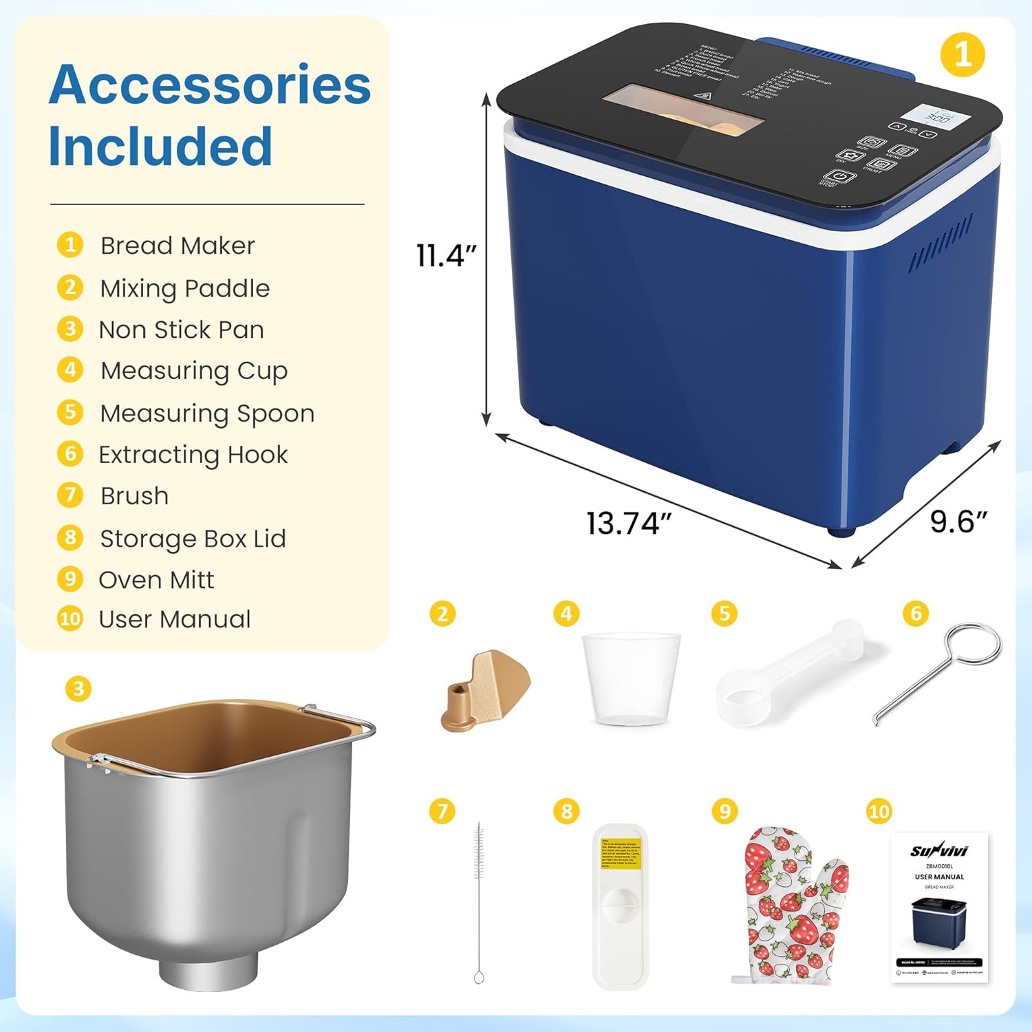 2.2LB Bread Maker, 21-in-1 Programmable Bread Machine with Digital Touch Panel, 3 Loaf Sizes 3 Crust Color, Keep Warm, 15H Timer, Blue Bread Making Kit & Breakfast Maker with Nonstick Pan