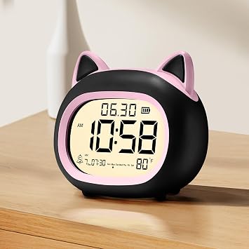 Kids Alarm Clock with Night Light for Kids, Small Digital Alarm Clocks for Bedrooms, Routine Builder, Cute Cat Alarm Clock with Sleep Training, Snooze, 12/24H, Date & Day, Temperature, USB Port
