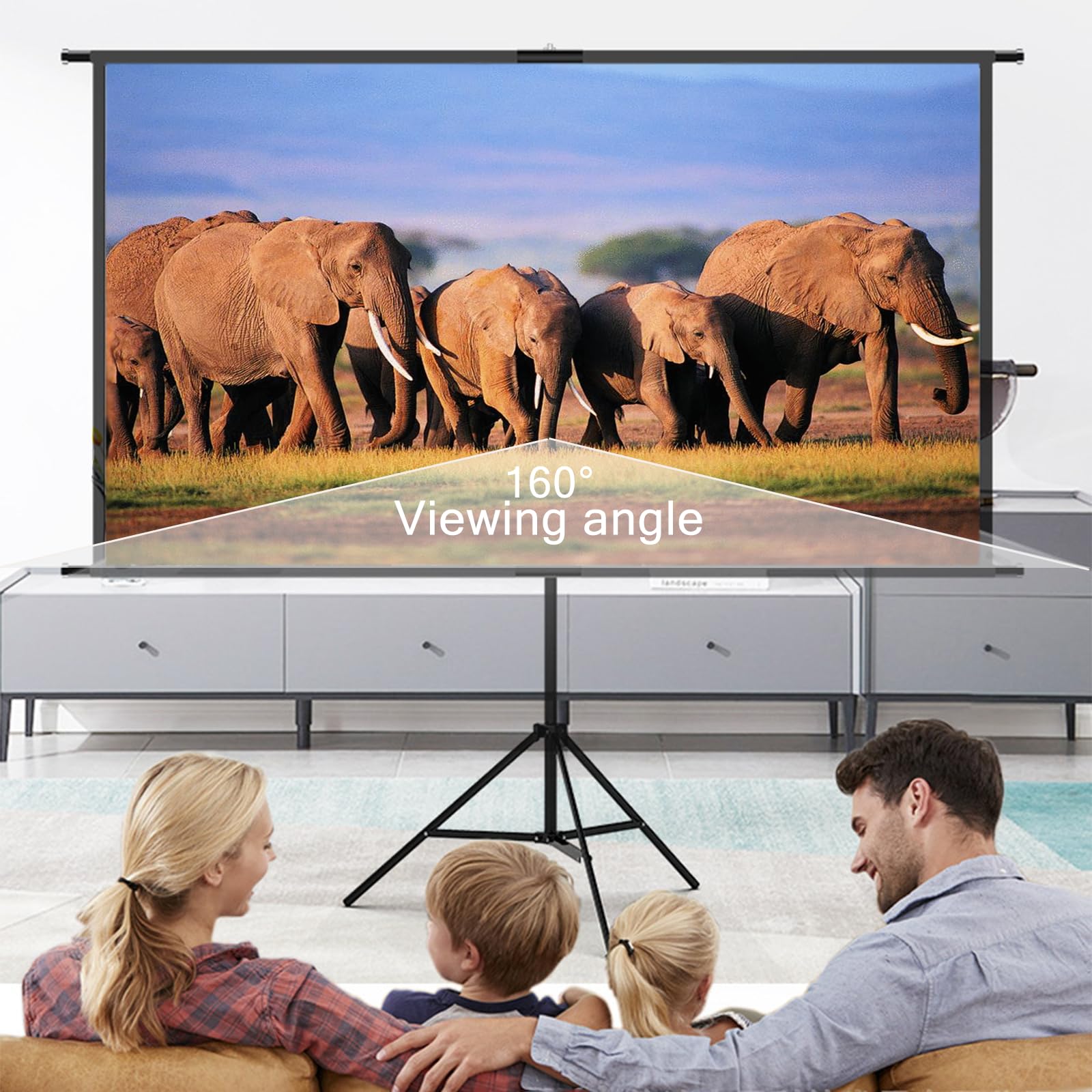 Schermo Proiettore 120 Pollici 4K, Telo Proiettore in Seta Latte Antirughe 16:9, Supporto a Parete e Treppiede, per Cinema Domestico Interno/Esterno