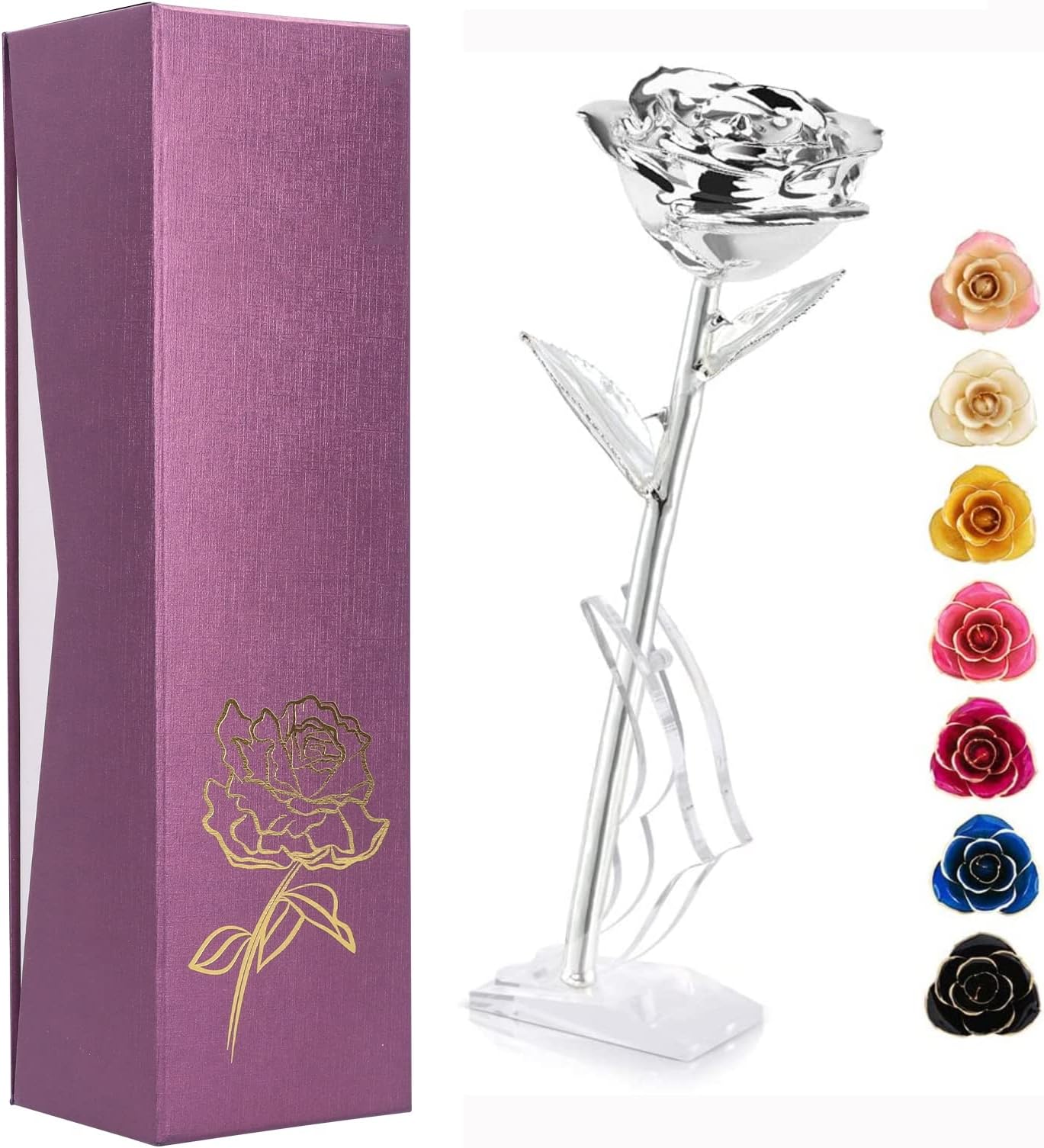 Silver Plated Real Rose Long Stem Forever Preserved Rose Flower for Her Women Wife Mother Girlfriend on Mothers Day Valentine's Day 25th 50th Anniversary Birthday