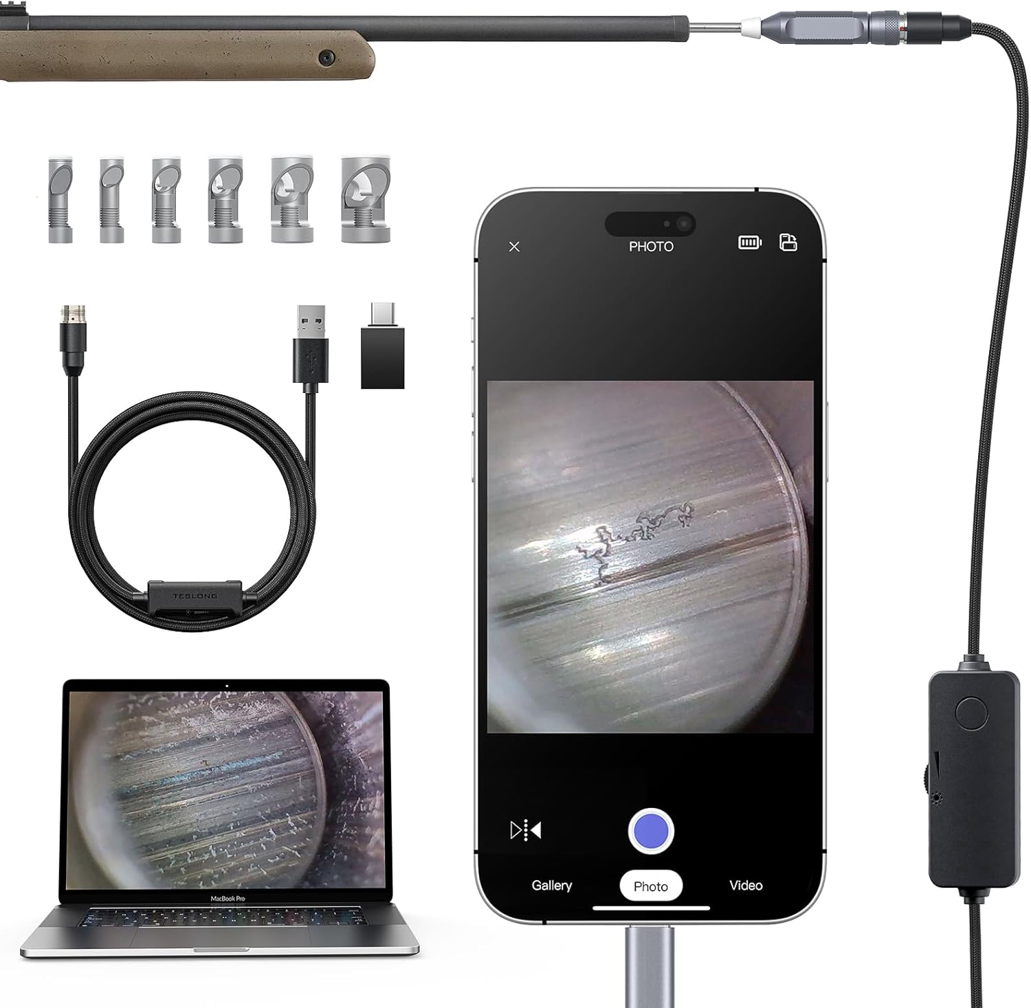 Teslong Rifle Borescope for Phone & PC, USB C Gun Bore Scope Cleaning Camera with Lights & Mirror Set, Fits .20 Caliber & Larger, Rigid Probe, Compatible with iPhone 15/16 & USB-C Android Devices