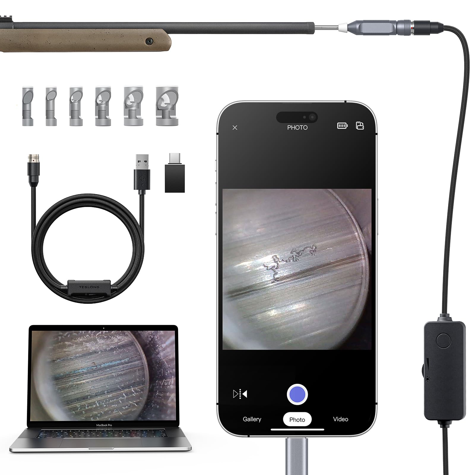 Teslong USB C 26 Zoll starres Gewehr-Endoskop, Pistolenreinigungskamera mit LED-Leuchten und rechtwinkligem Spiegel, unübertroffene Präzision für die Waffenwartung, kompatibel mit iPhone 15 16