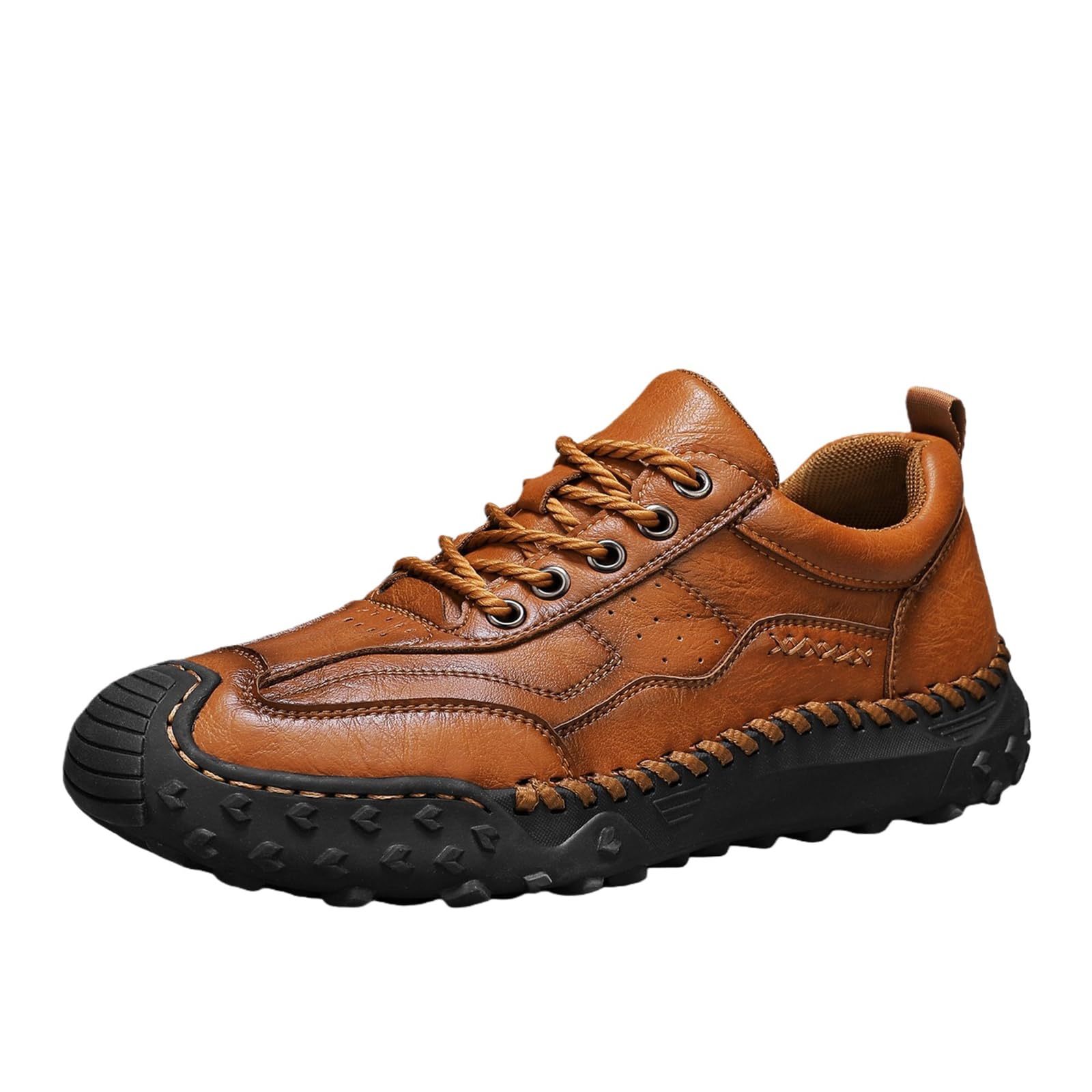 Mens Leather Casual Shoes Non-Slip Orthopedic Shoes Stitching Retro Round Toe Lace Up Loafers Comfortable Fashion Sneakers Slip On Chukka Booties Lightweight Dress Walking Driving Shoe