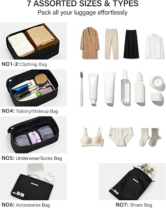 Hanke 7 Piece Expandable Compression Packing Cubes, Premium Travel Packing Organizers for Suitcases/Carry On, Luggage Organizer Bags with Breathable Mesh & Label