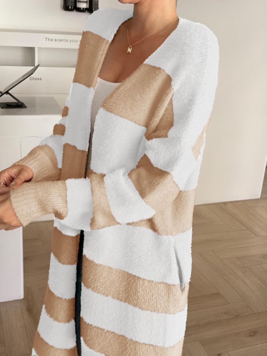 Saodimallsu Womens Striped Long Cardigan Sweaters Open Front Oversized Chunky Fuzzy Knit Fall Duster Sweater Coats