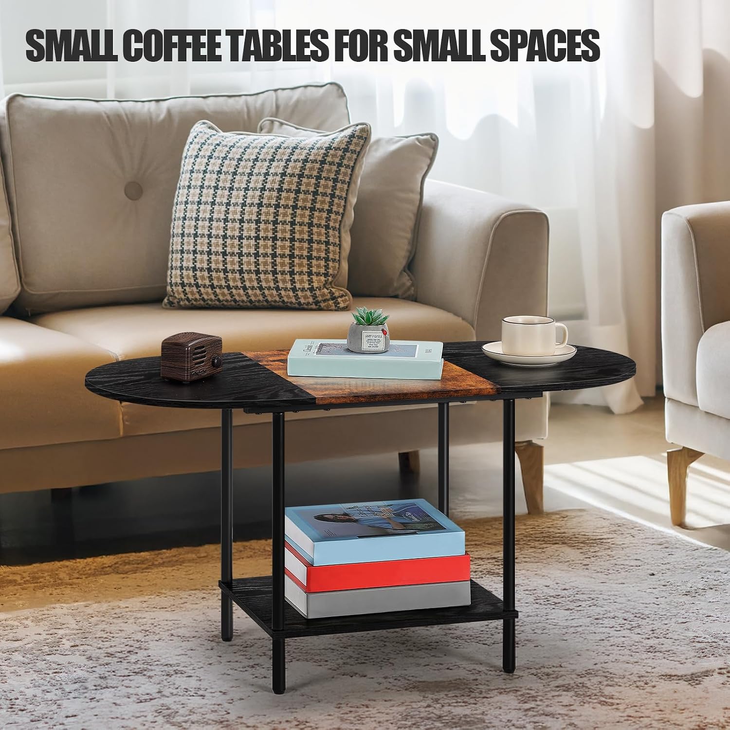 Coffee Tables for Living Room,Mid Century Small Oval Center Table with 2-Tier Storage Shelf and Wood Tabletop,Farmhouse Narrow Cocktail Tea Table for Small Space,Apartment,Black Brown image 5