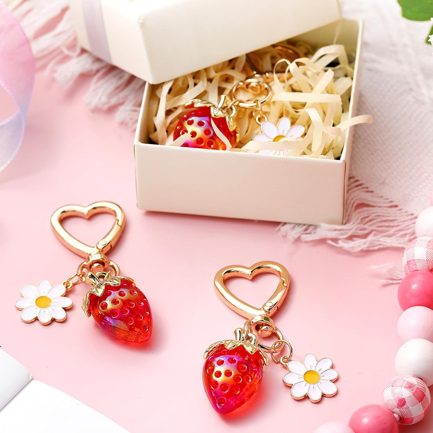 JaGely 3 Pcs Cute Strawberry Keychain Kawaii Heart Strawberry Cherry Bag Charm Daisy Flower Keychain for Women Bag Purse Wallet Handbags Accessories Decor Fruit Lover Gifts - Image 2