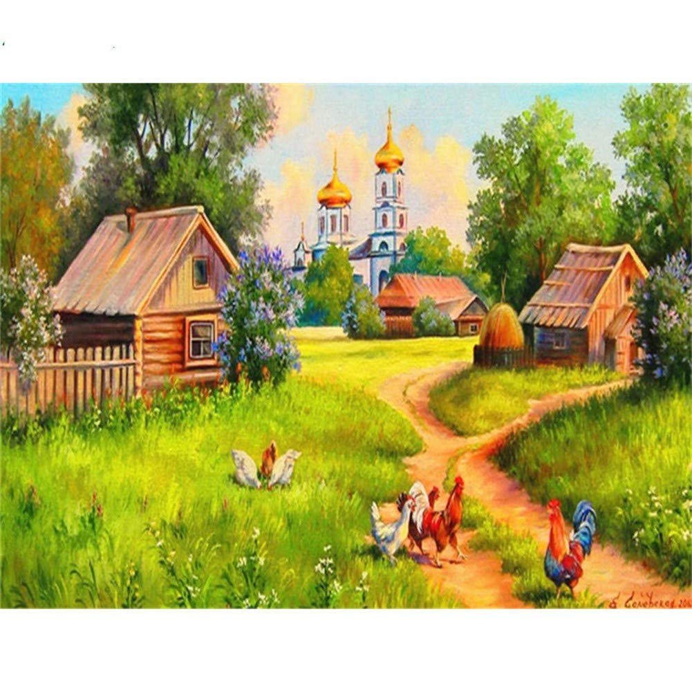 Peinture diamant complète 80x100 cm grand format paysage maison broderie strass carrés