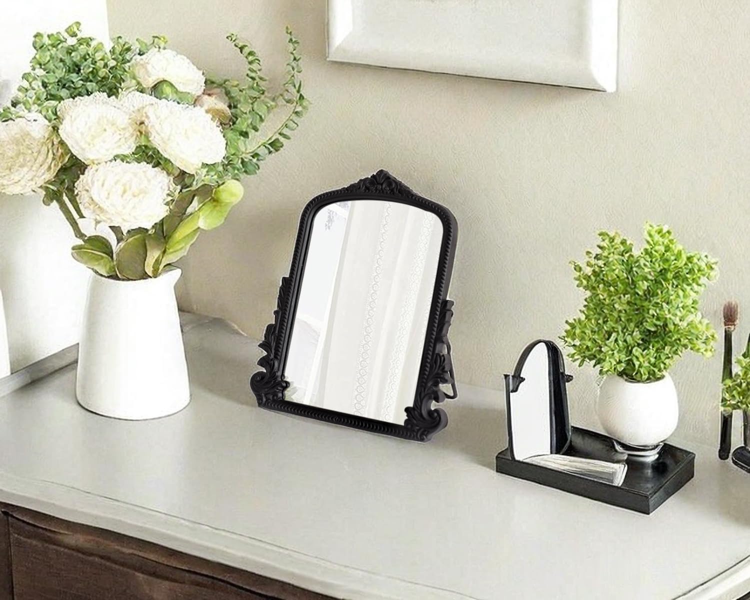 HSDDHOME Black Vintage Arched Vanity Mirror, Baroque Tabletop Makeup Mirror, Decorative Antique Mirror for Dresser, Bedroom, Living Room, 11.8" x 9.6"