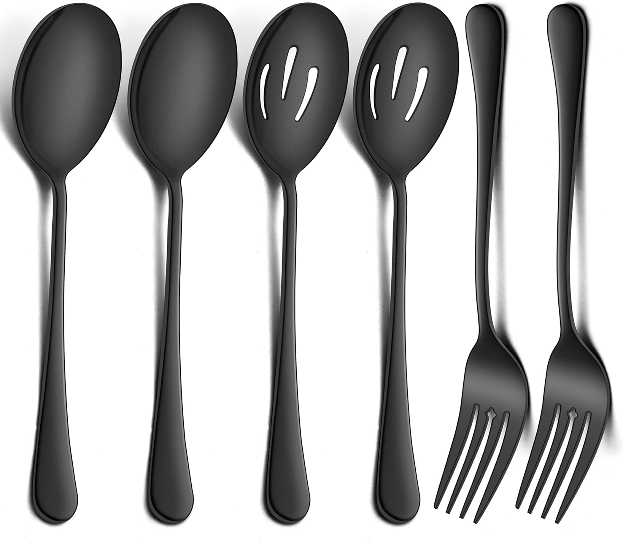 LIANYU 6-Piece Large Black Serving Spoons and Forks Set, 9.8 Inch Stainless Steel Buffet Catering Party Banquet Serving Spoon Fork, Mirror Finished, Dishwasher Safe