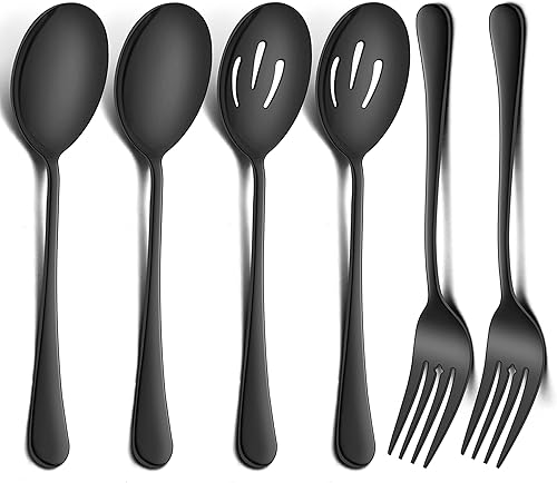 LIANYU Juego de 6 cucharas y tenedores negros grandes de 9.8 pulgadas de acero inoxidable para bufé, catering, fiesta, banquete, tenedor, acabado