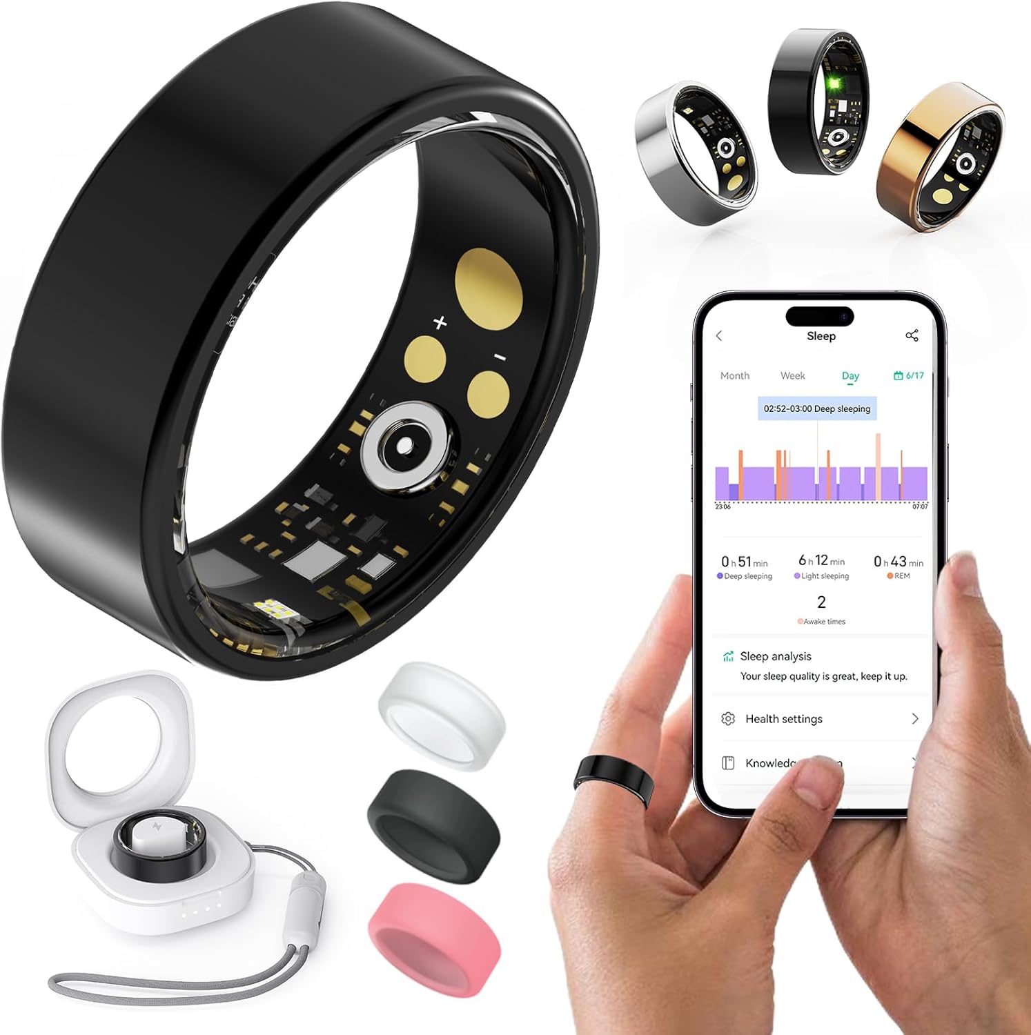 Health Rings for Women Men, Fitness Tracker with Heart Rate,Blood Oxygen, Blood Pressure, Sleep/Step Tracker, IP68 Waterproof Smart Ring for iPhone & Android (Silver, 7#)