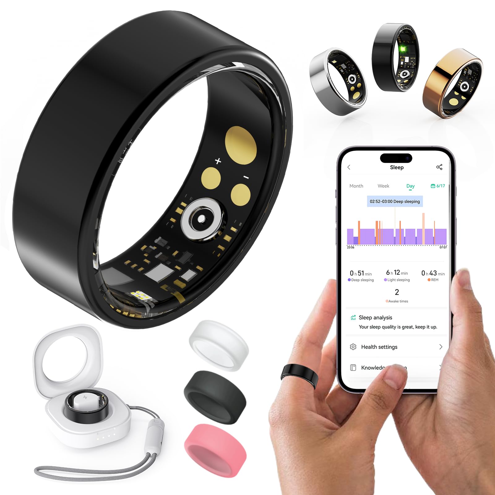 RICHCLLCTR Health Rings for Women Men, Fitness Tracker with Heart Rate,Blood Oxygen, Blood Pressure, Sleep/Step Tracker, IP68 Waterproof Smart Ring for iPhone & Android (Black, 13#)-image-25