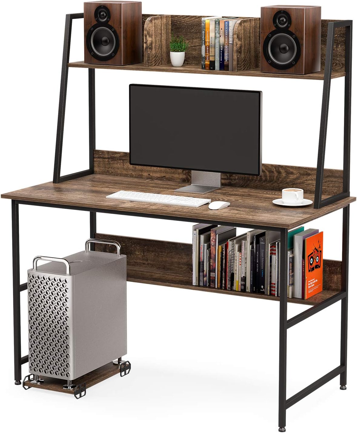 mecorComputer Desk Study Writing Table for Home Office ，Modern Writing Study Desk with Storage Bookshelf and CPU Stand for Small Spaces, PC Laptop Table Workstation for Home Office