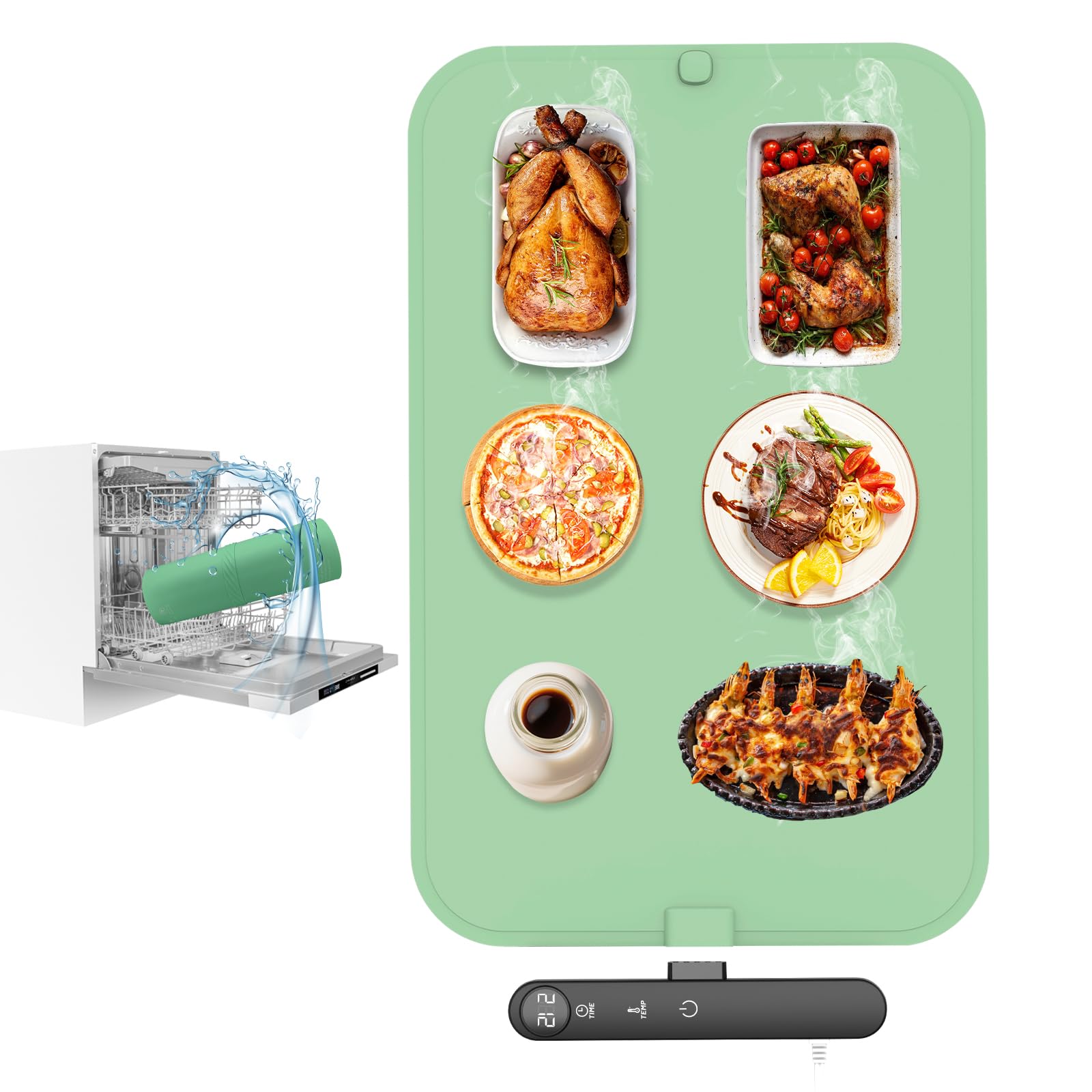 Electric Warming Tray, Silicone Heating Mat for Food, NTC Sensor Dual Protection,1-6Hr Auto Off, Silicone Integrated Process,IPX6 Waterproof Dishwasher Safe for Parties and Daily (green, big)