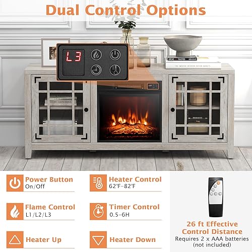 Miniatura 5 de GOFLAME Soporte de TV con chimenea de 58 pulgadas para televisores de hasta 65 pulgadas, consola de TV de madera con chimenea eléctrica de 18