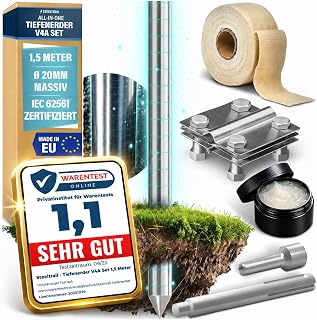 Tiefenerder V4A Set 1,5m-3m-4,5m-6m Erdungsspieß Staberder für PV Anlage Edelstahl 20mm inkl SDS-Max Einschlaghilfe, Erdungsklemme, Erdungsstab für Erdungskabel Blitzableiter Erdung Premium Steeltrail