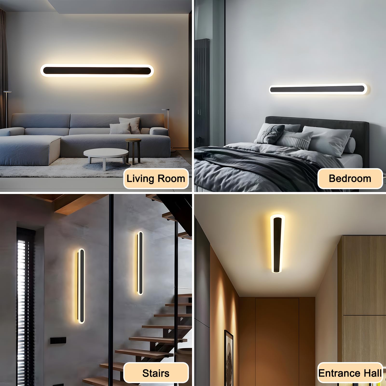 LED Wandleuchte Innen Lange 100CM,38W Wandlampe Moderne | Drei Farbtemperaturen 3000K/4000K/6000K Wandleuchte für Schlafzimmer Wohnzimmer Korridor Treppenhaus,110-240V, Schwarz