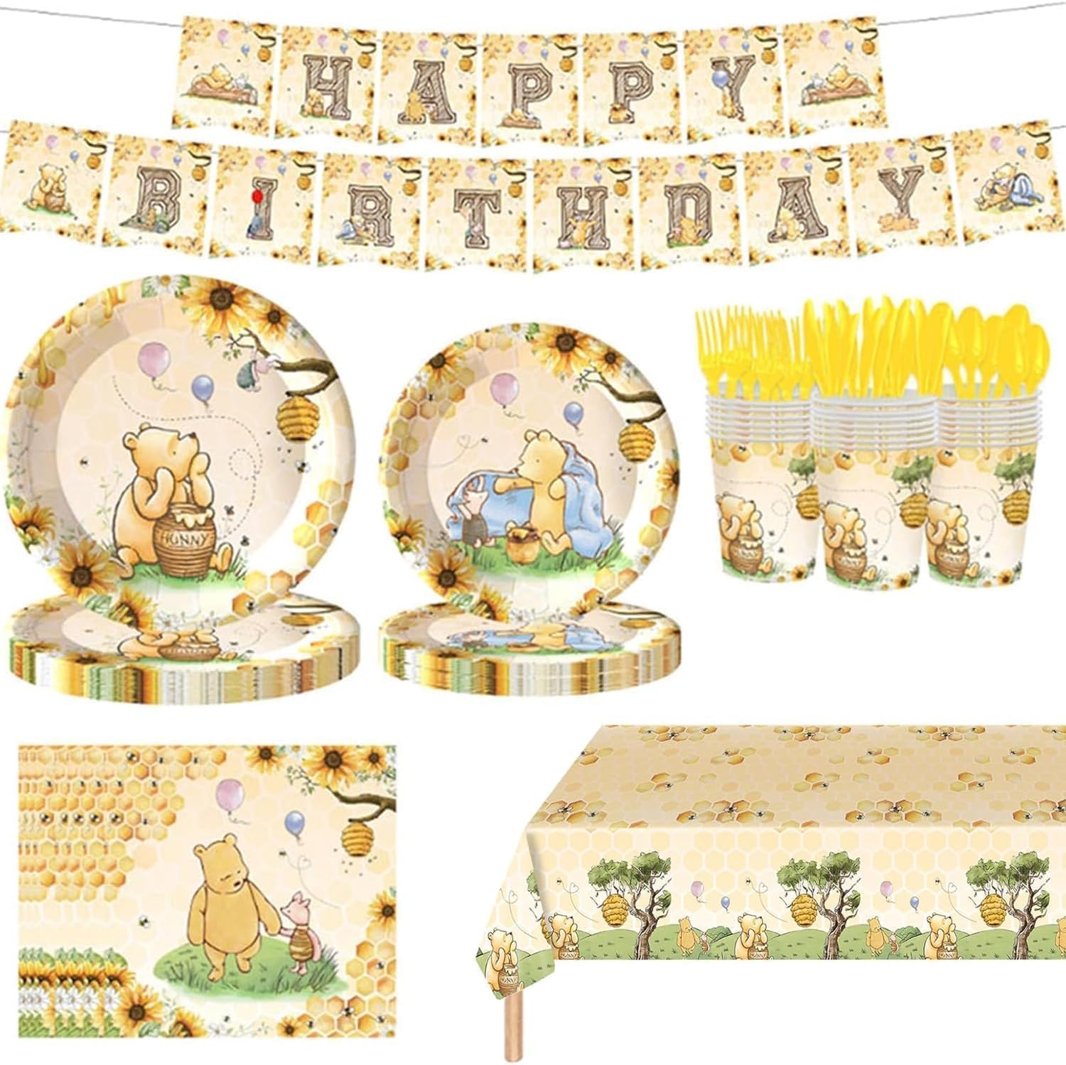 142pcs Classic Bear Baby Shower Decorations Baby Shower Party Tableware with Plates, Napkin, Forks, Cups Banner And Tablecloth for Birthday Party Supplies Set Serves 20 Guests (Yellow)