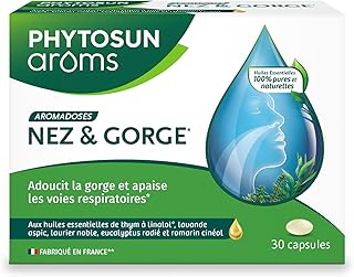PHYTOSUN AROMS Capsules Nez et Gorge, ¹Adoucit la gorge et ²Apaise les voies respiratoires grâce aux huiles essentielles de ¹˒²thym et ¹d'eucalyptus, 30 Capsules