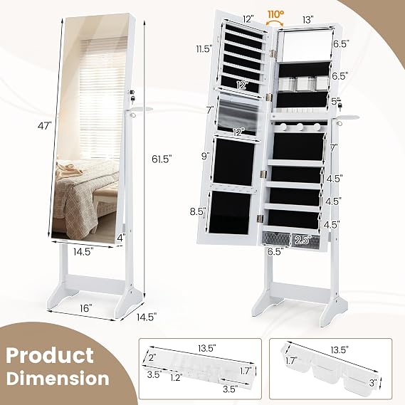 CHARMAID Jewelry Cabinet Armoire with Full Length Mirror, Flip-open Vanity Mirror, 3 Color LED Lights, Hair Dryer Holder, Lockable Standing Jewelry Organizer with Storage Shelves Drawers (White)