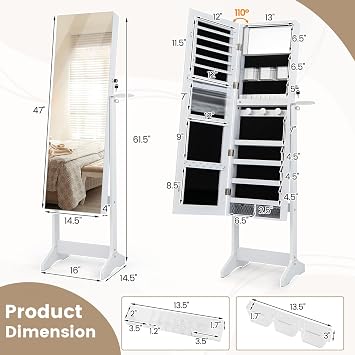 CHARMAID Jewelry Cabinet Armoire with Full Length Mirror, Flip-open Vanity Mirror, 3 Color LED Lights, Hair Dryer Holder, Lockable Standing Jewelry Organizer with Storage Shelves Drawers (White)