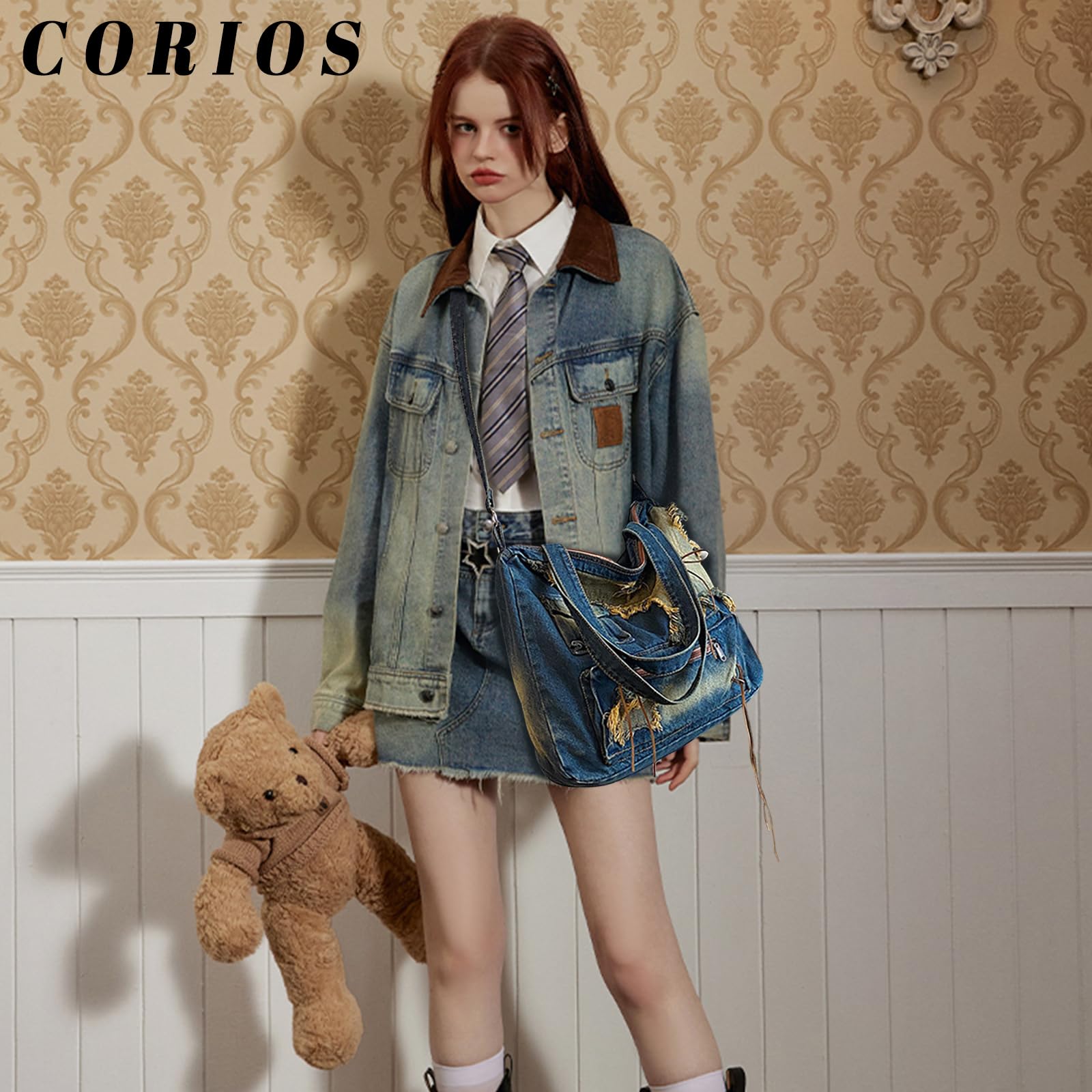CORIOS Sac à Bandoulière en Denim pour Femme Sac à Main en Jean Grande Sacs Portés Épaule Léger Sac Hobo Sacs Cabas Rétro Sac Messager Occasionnel Sac Fourre Tout pour Travail Achat Voyage Bleu