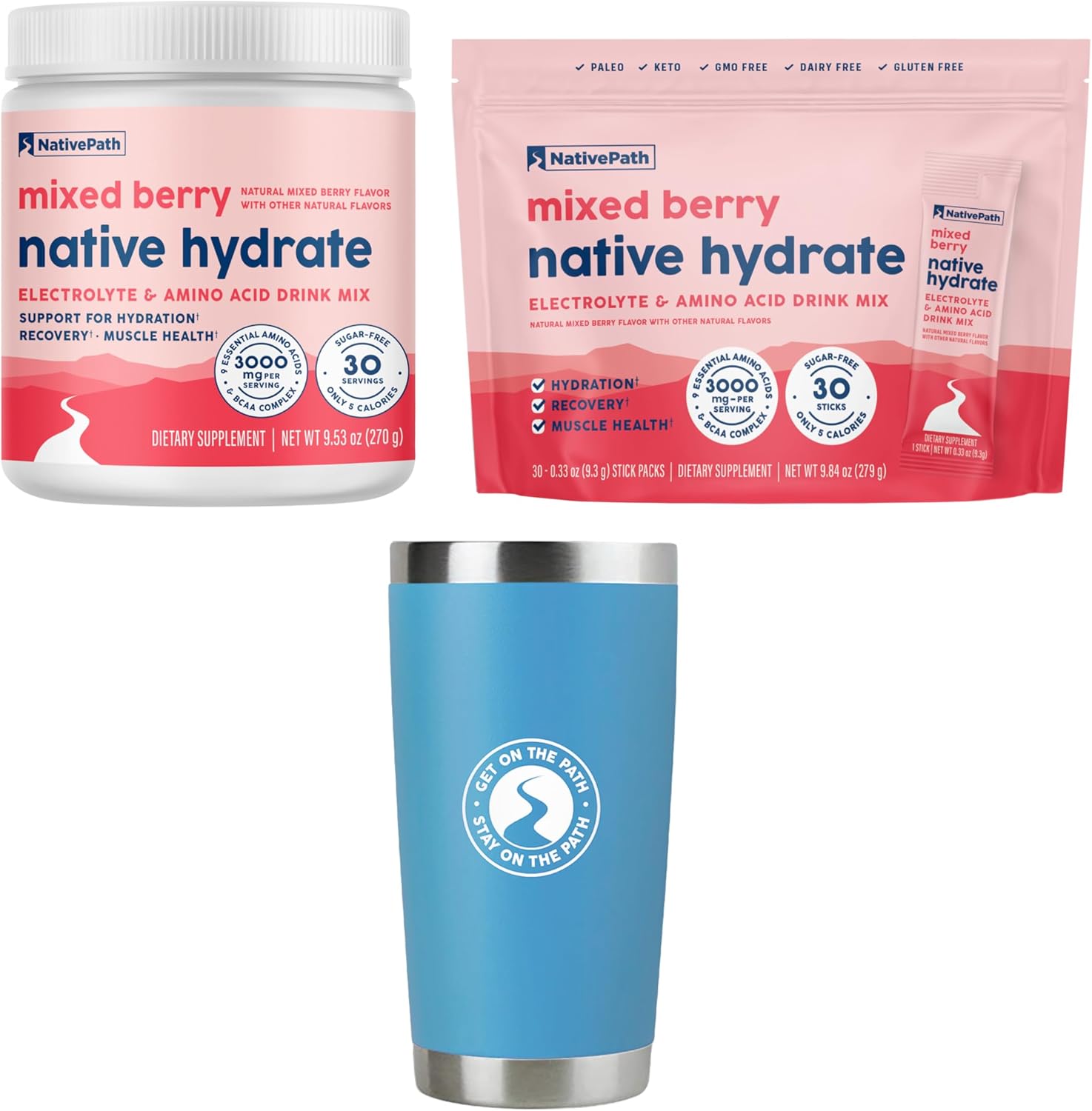 NativePath Native Hydrate Mixed Berry Jar and Stick Packs Bundle with Tumbler