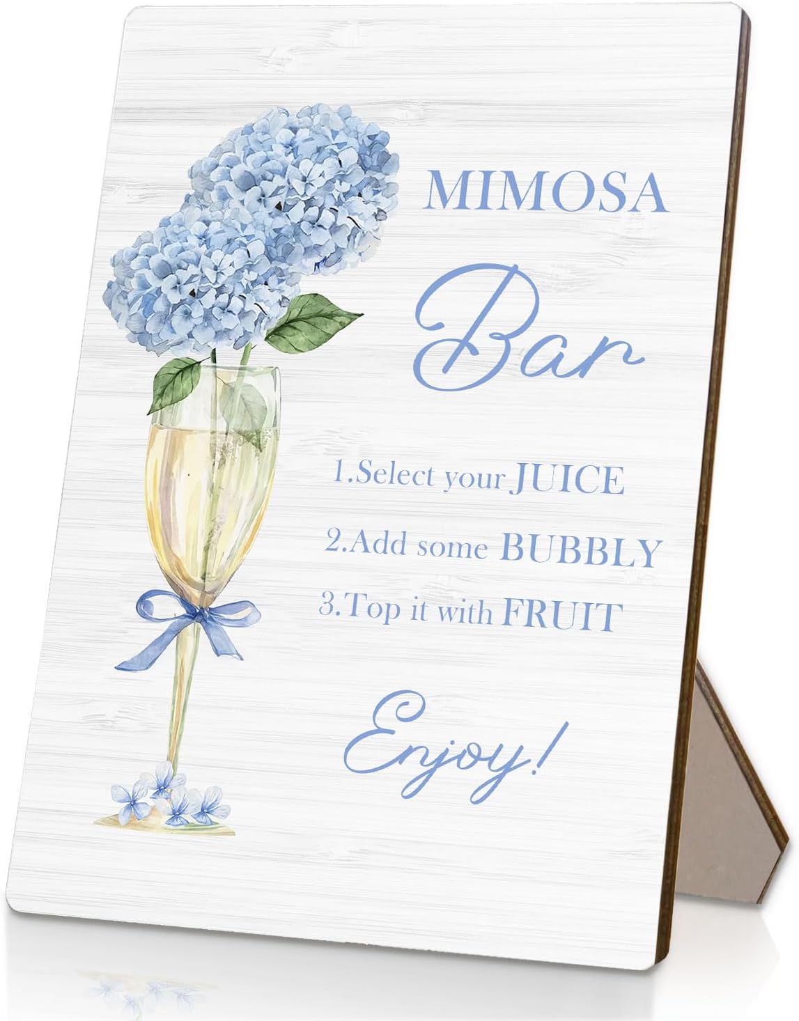 Mimosa Bar Sign, Blue Hydrangea Wedding Mimosa Bar Wooden Stand Sign 5x7 Inch, Wedding Bubbly Signs for Baby Bridal Shower Engagement Party Brunch Dessert Tabletop Desk Decorations
