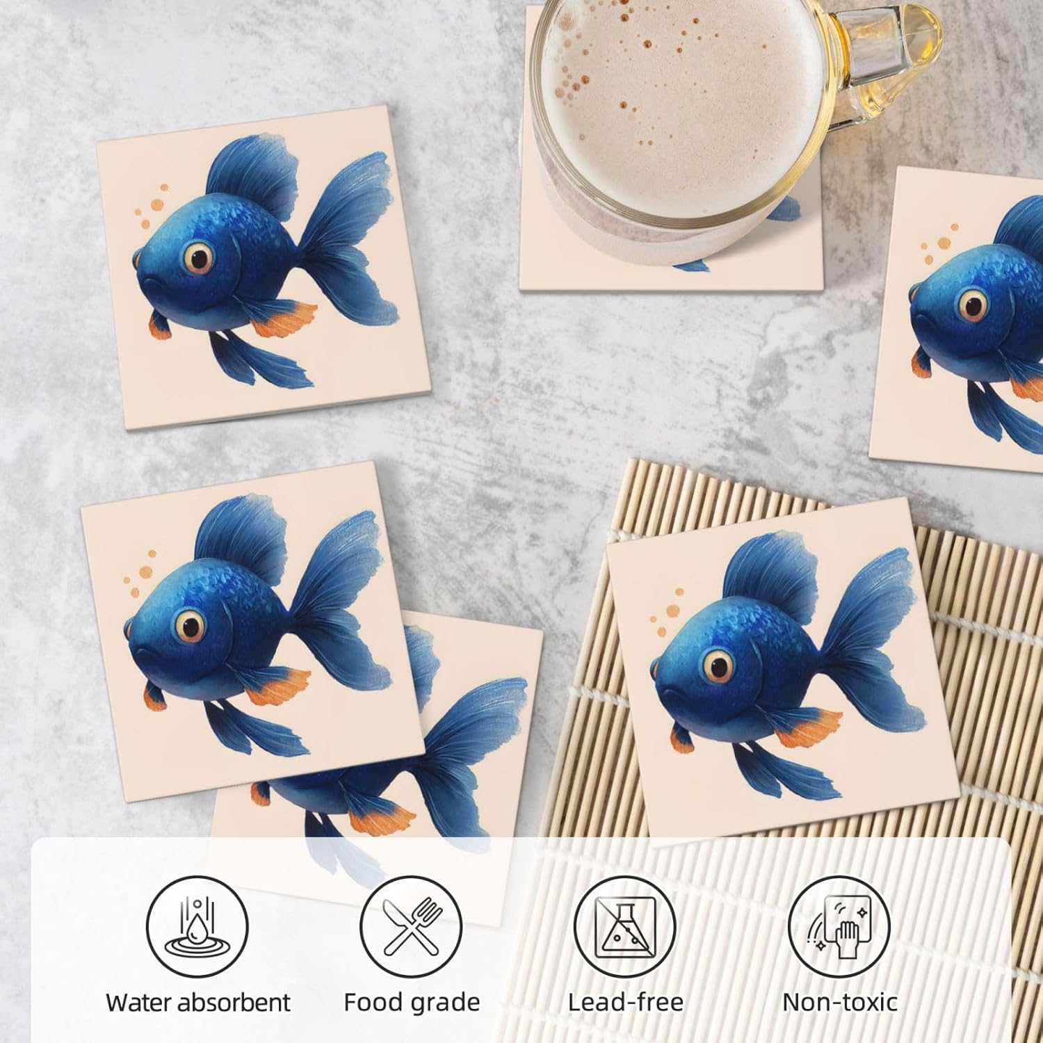 (Cute Blue Fish) Ceramic Coasters Set of 6 with Holder Non-Slip Square Coffee Coasters for for Cup Mug Drink Patio Coffee Table Decor, Christmas Coasters Home Bar Supplies