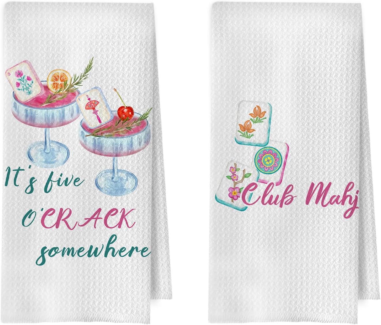 Cocktail Mahjong Kitchen Towels Set - Mahjong Gifts Decorative Waffle Dish Towels, Mah Jong Gifts Hand Towel, Hostess Gift Tea Towel, 16×24 Inches Set of 2