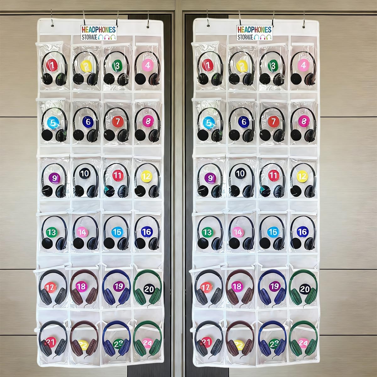 Classroom Headphone Storage over The Door Hanging Bag 24 PVC Clear Organizer Holder Pockets with 4 Hooks for School Pocket Chart Cell Phones Calculators stationery （2 PACK ）
