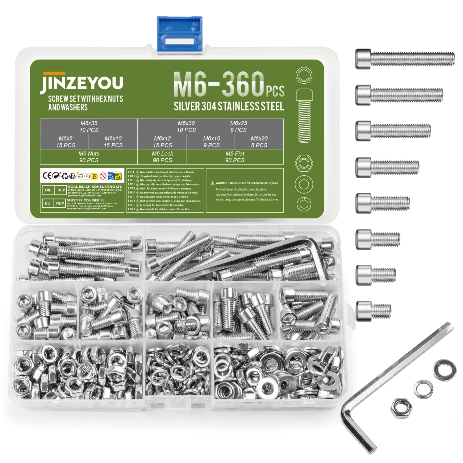 360 Pcs M6 Nuts and Bolts, Hex Socket Head Cap Screws Bolts and Nuts, Stainless Steel Machine Screws Bolts Set