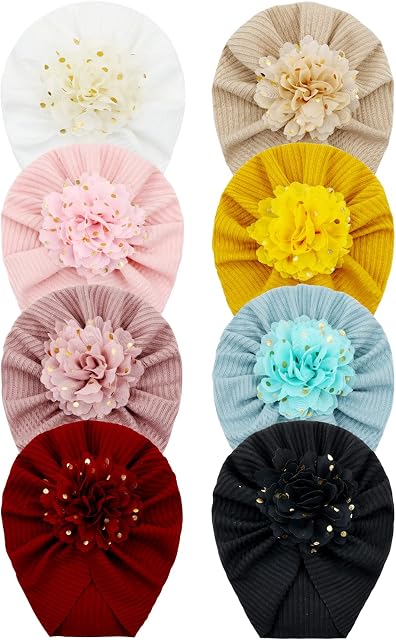 Cinaci 8 Pack Solid Nursery Hospital Turban Hats with Polka Dot Chiffon Flower Floral Caps Beanies Bonnets for Baby Girls Infants Toddlers