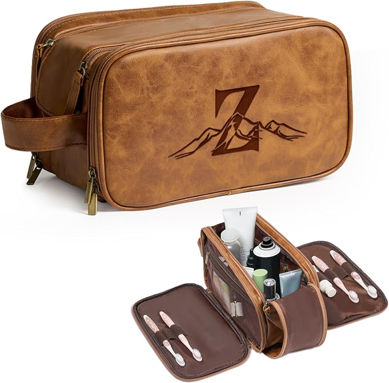 Necessaire de viagem Janhavi em couro PU com iniciais gravadas, marrom amarelo, modelo Z