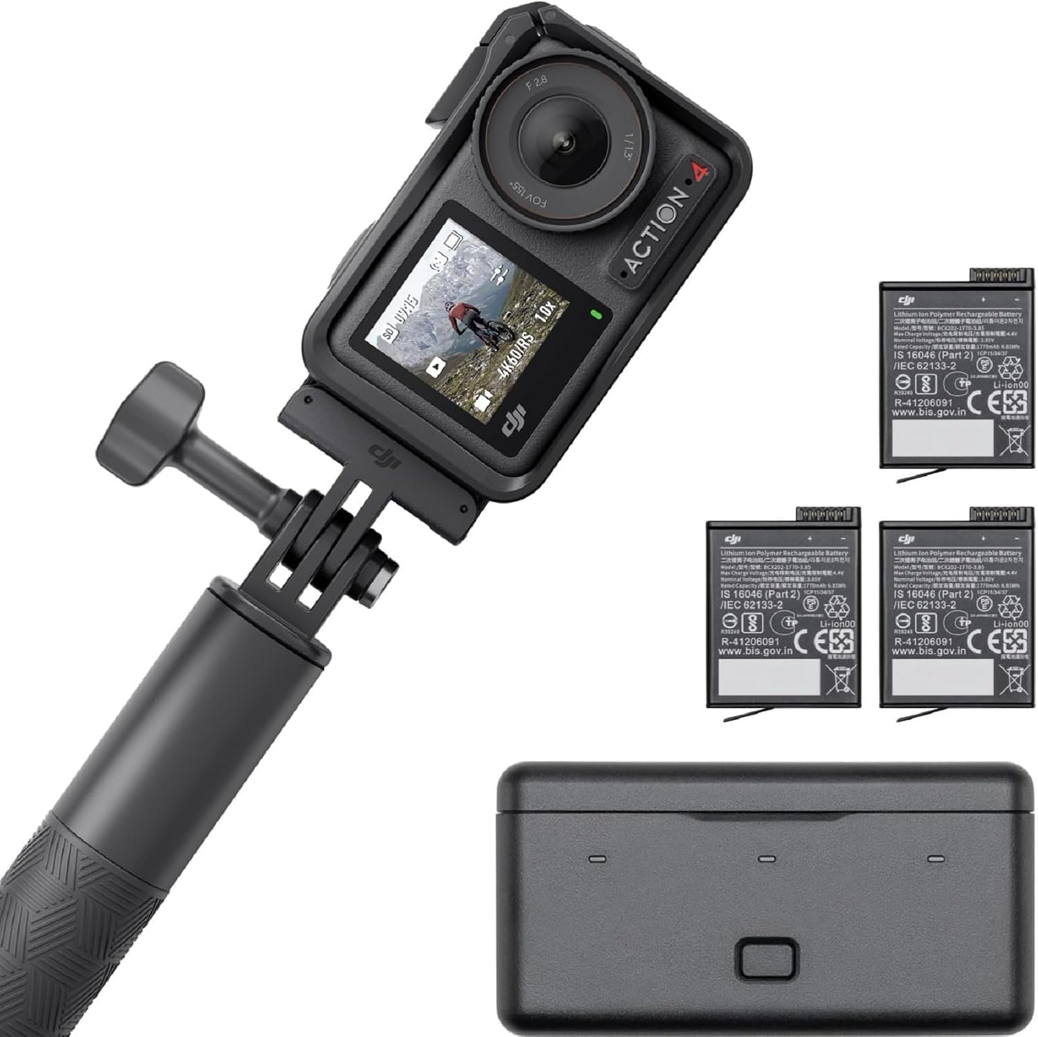DJI Osmo Action 4 Adventure Combo - wodoodporna kamera 4K/120 fps z czujnikiem 1/1,3 cala, ultraszerokim, 155º FOV, do 7,5 godz. z 3 dodatkowymi akumulatorami do vlogowania