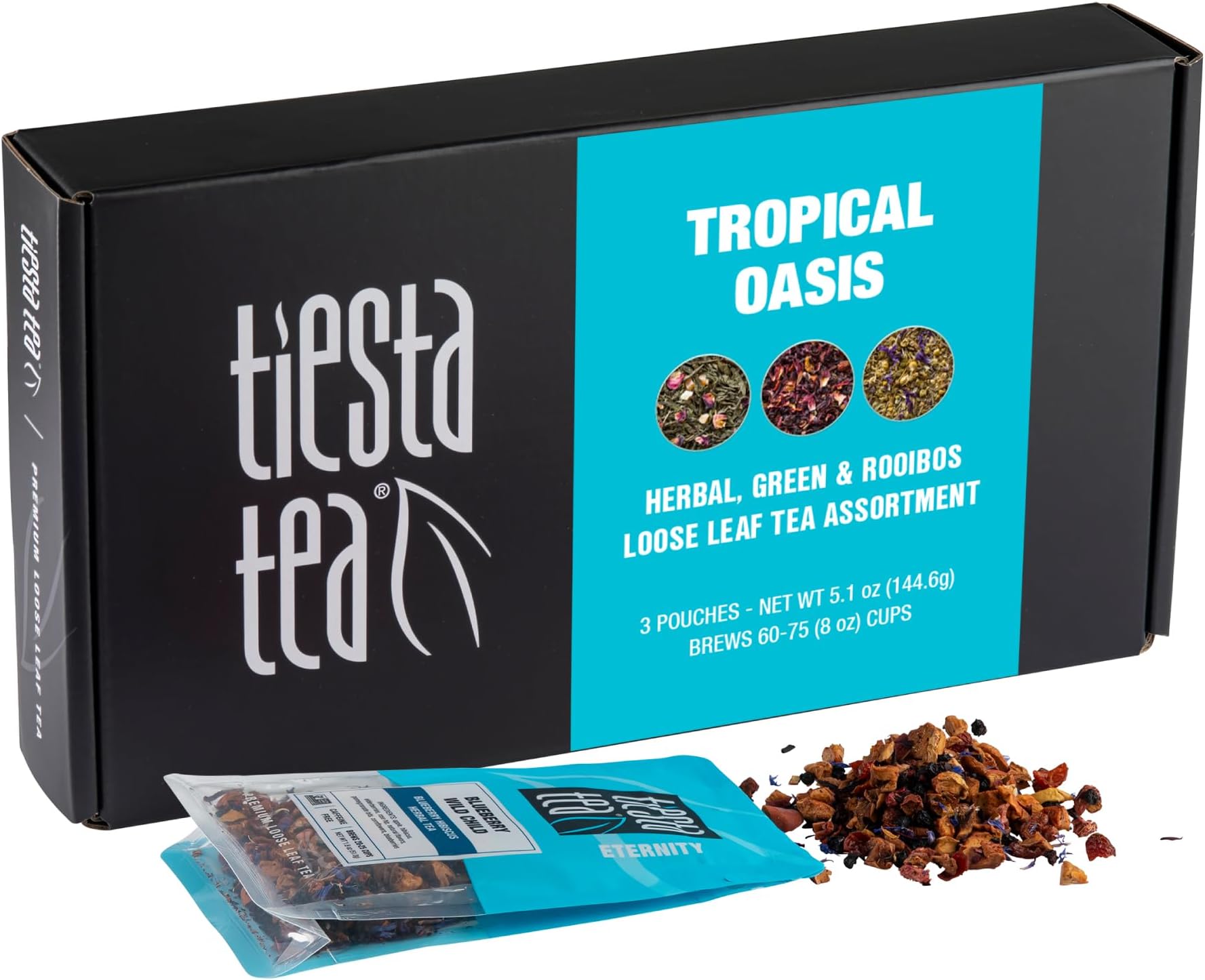 Loose Leaf Fruity Tea Gift Box, Medium Caffeinated Assorted Blends, 3 Pouches for Hot & Iced Tea Variety Pack, Fruity Paradise, Blueberry Wild Child & Fireberry